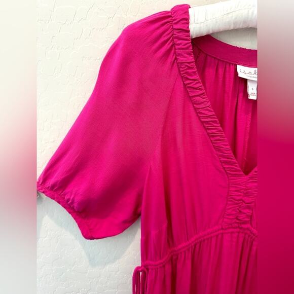 ISABEL | Maternity Hot Pink Maxi Dress V-Neck Empire Waist | Size Small - Picture 3 of 7